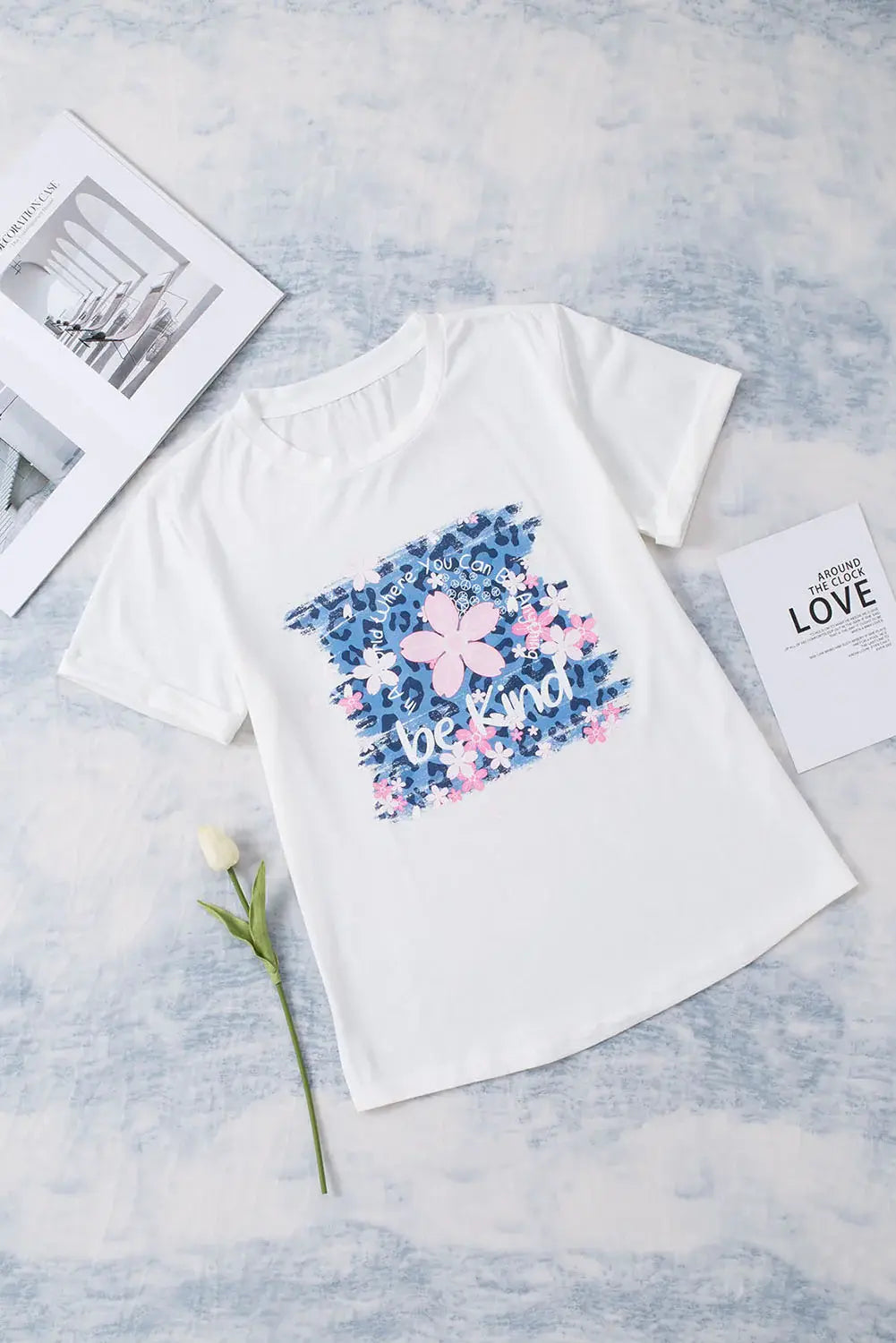 Leopard Floral Graphic Round Neck Tee - Trendsi - Flyclothing LLC
