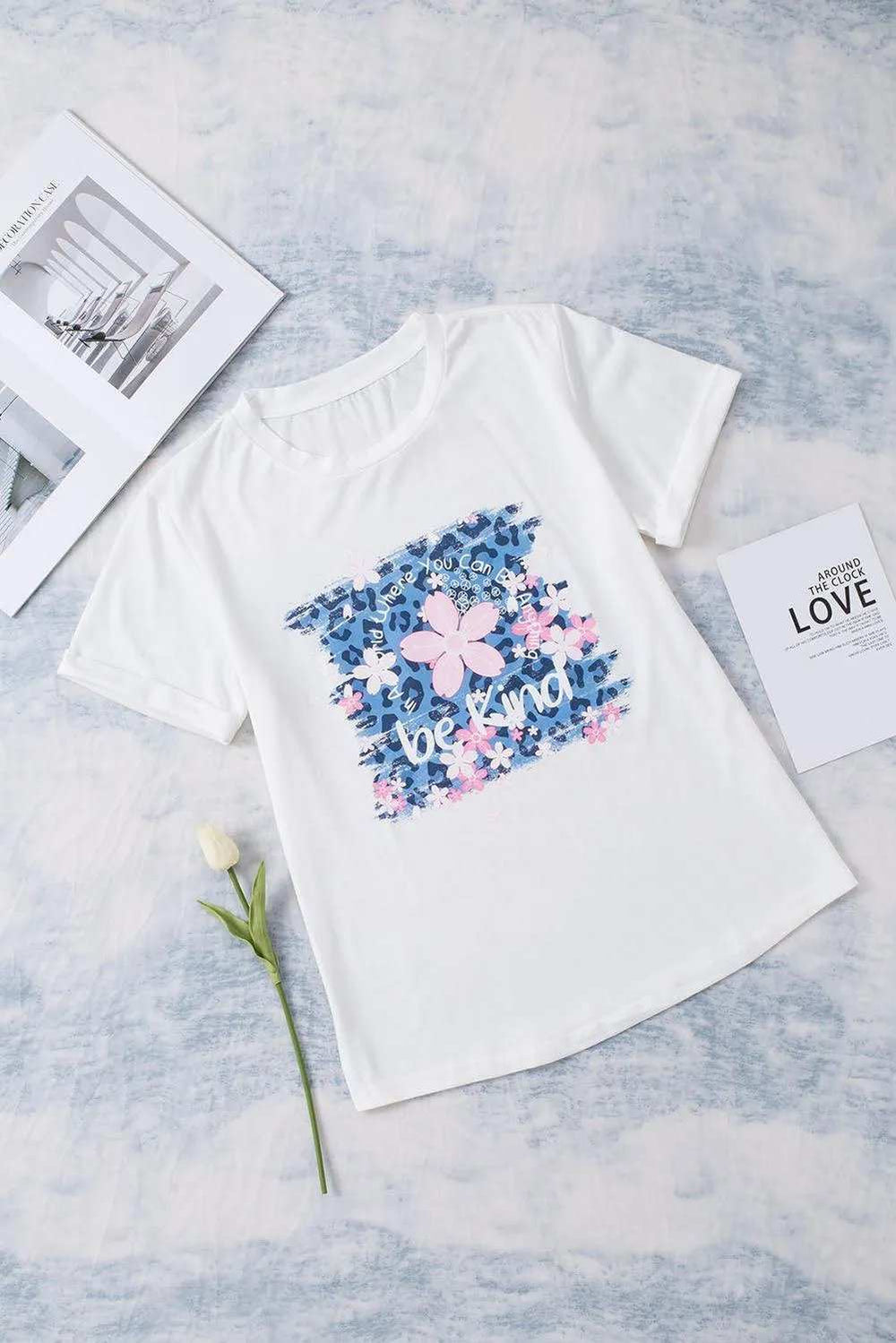 Leopard Floral Graphic Round Neck Tee - Trendsi - Flyclothing LLC