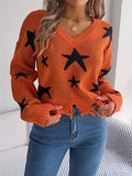 Star Pattern Distressed V-Neck Cropped Sweater - Trendsi