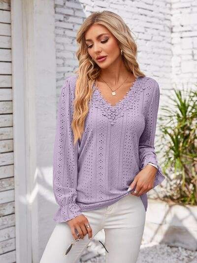 Applique V-Neck Flounce Sleeve T-Shirt - Trendsi - Flyclothing LLC