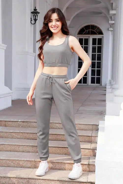 Waffle-Knit Cropped Tank and Drawstring Pants Set - Trendsi - Flyclothing LLC