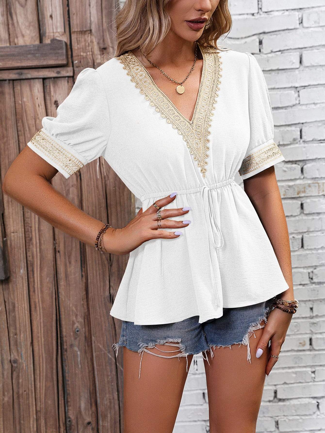 Contrast V-Neck Babydoll Top - Trendsi - Flyclothing LLC