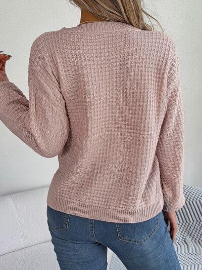 Cable-Knit Round Neck Long Sleeve Sweater - Trendsi