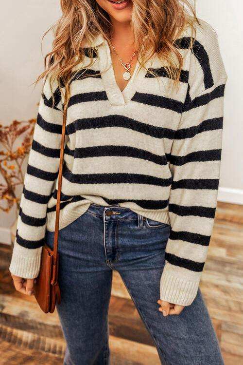 Striped Collared Neck Long Sleeve Sweater - Trendsi - Flyclothing LLC