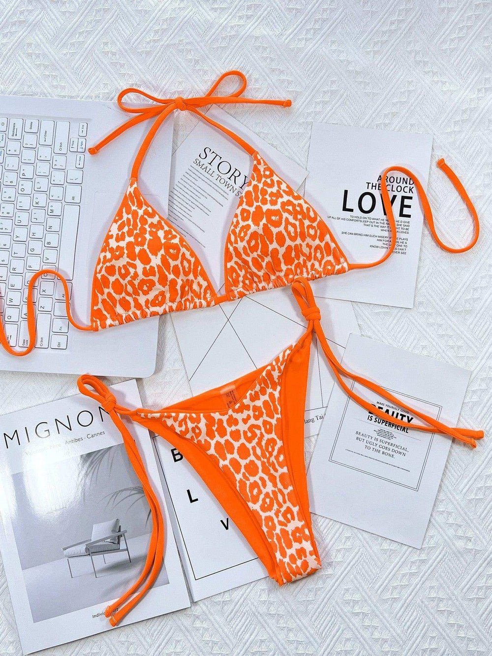 Leopard Print Halter Neck Tie Side Bikini Set - Trendsi - Flyclothing LLC