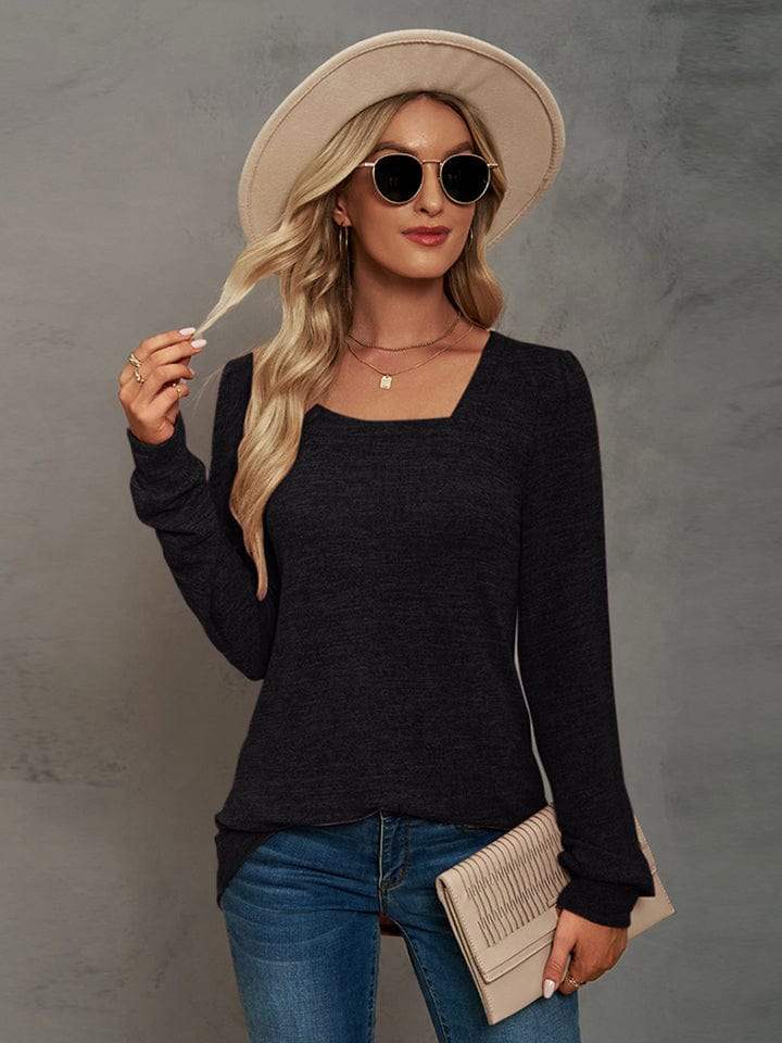 Heathered Square Neck Long Sleeve T-Shirt - Trendsi - Flyclothing LLC
