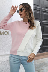 Contrast Color Round Neck Long Sleeve Sweater - Trendsi