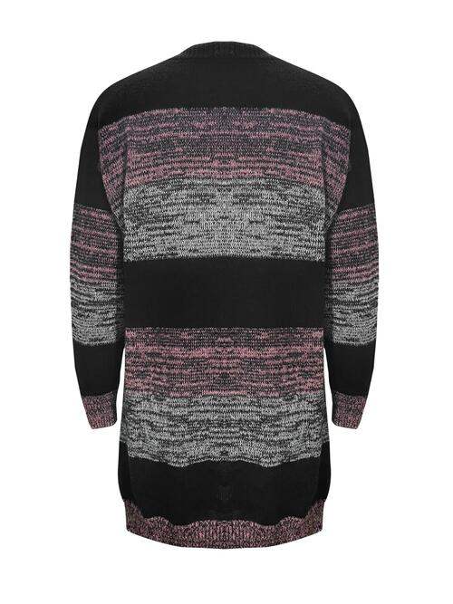 Striped Open Front Long Sleeve Cardigan with Pockets - Trendsi - Flyclothing LLC