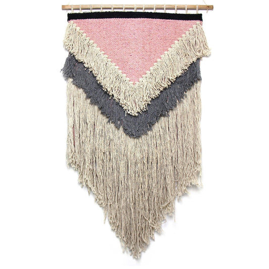 Handwoven Boho Wall Hanging, Pink with Cream Fringe - Asha Handicrafts
