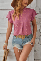 Swiss Dot Notched Cap Sleeve T-Shirt - Trendsi - Flyclothing LLC