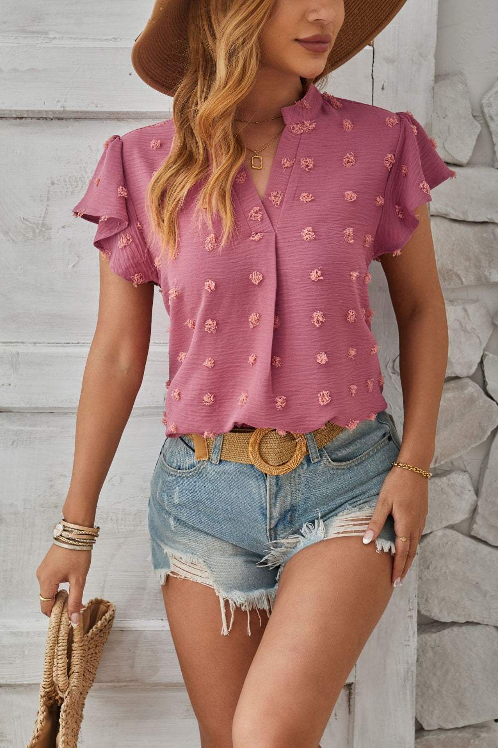 Swiss Dot Notched Cap Sleeve T-Shirt - Trendsi - Flyclothing LLC