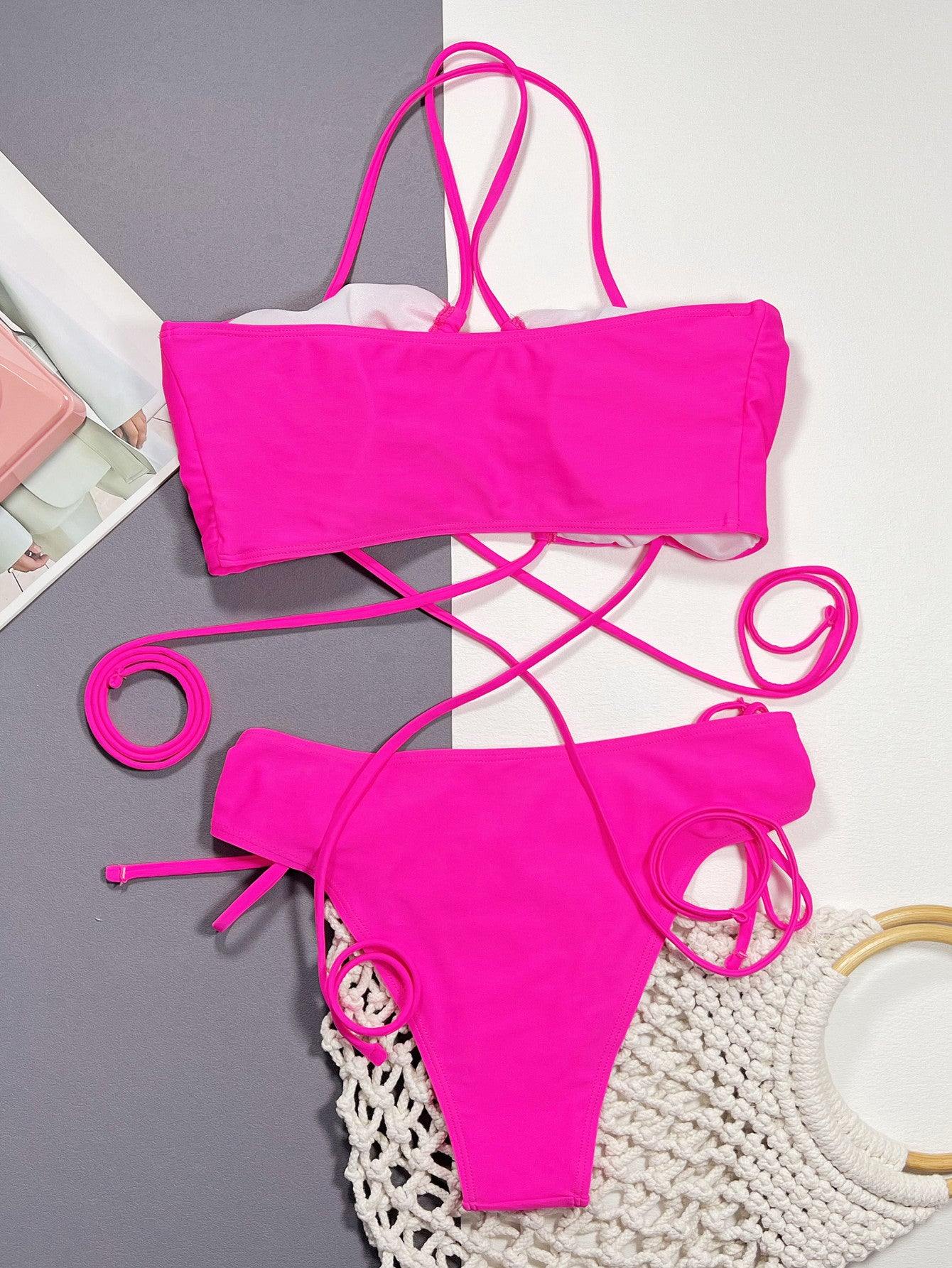 Halter Neck Drawstring Detail Bikini Set - Trendsi