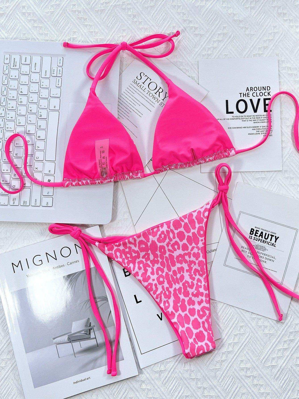 Leopard Print Halter Neck Tie Side Bikini Set - Trendsi - Flyclothing LLC