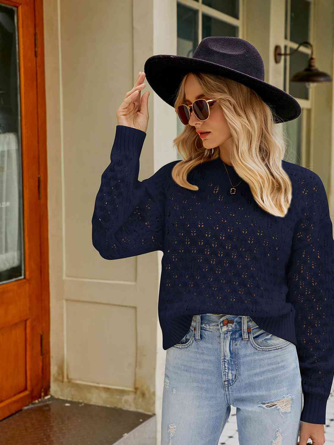 Openwork Round Neck Sweater - Trendsi - Flyclothing LLC
