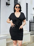 Plus Size Ruched Tied Short Sleeve Mini Dress - Trendsi - Flyclothing LLC