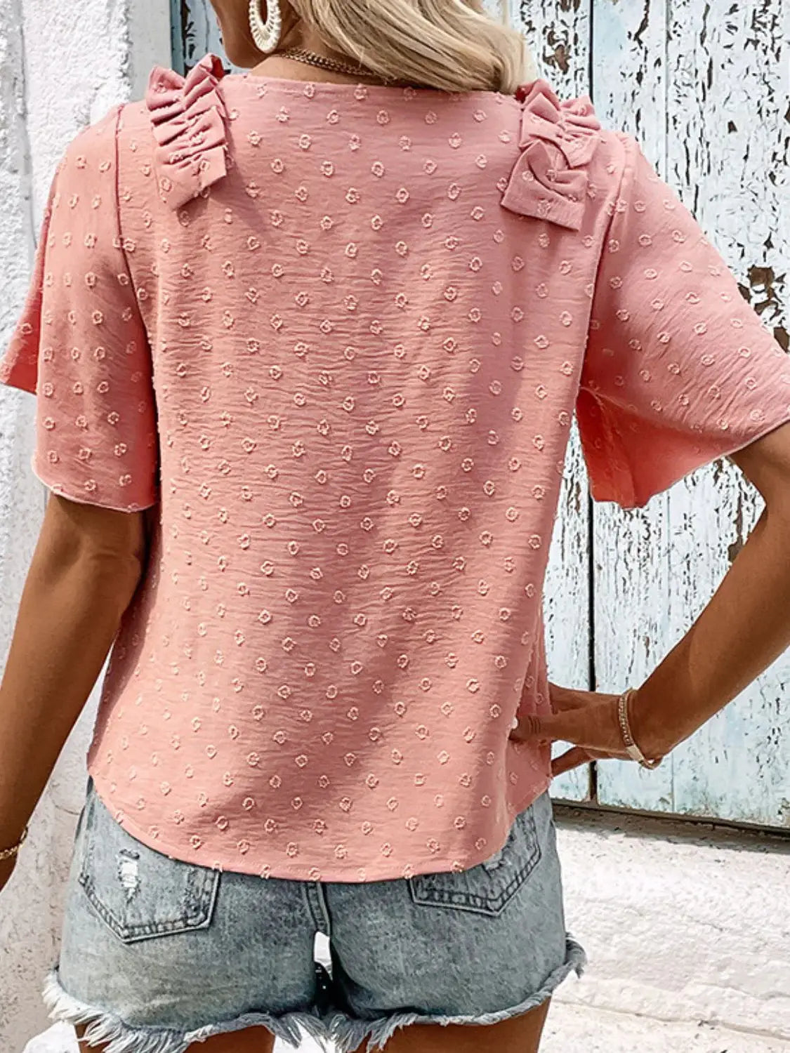Swiss Dot Shoulder Detail V-Neck Blouse - Trendsi - Flyclothing LLC