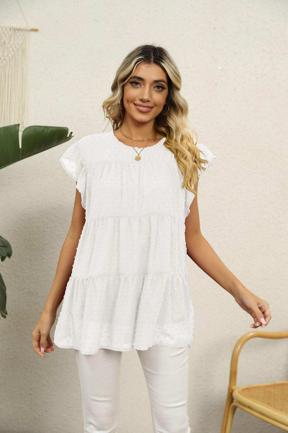 Swiss Dot Round Neck Tiered Blouse - Trendsi - Flyclothing LLC