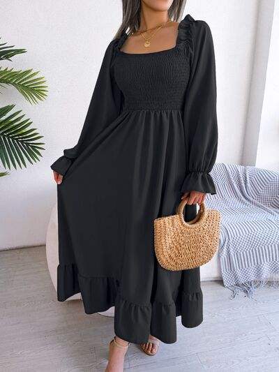 Smocked Square Neck Flounce Sleeve Dress - Trendsi - Flyclothing LLC