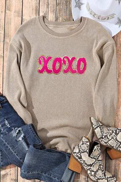 XOXO Sequin Round Neck Dropped Shoulder Sweatshirt - Trendsi - Flyclothing LLC