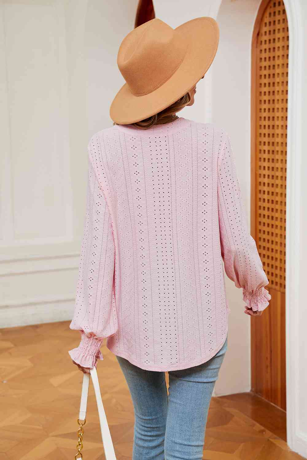 Notched Neck Flounce Sleeve Blouse - Trendsi - Flyclothing LLC