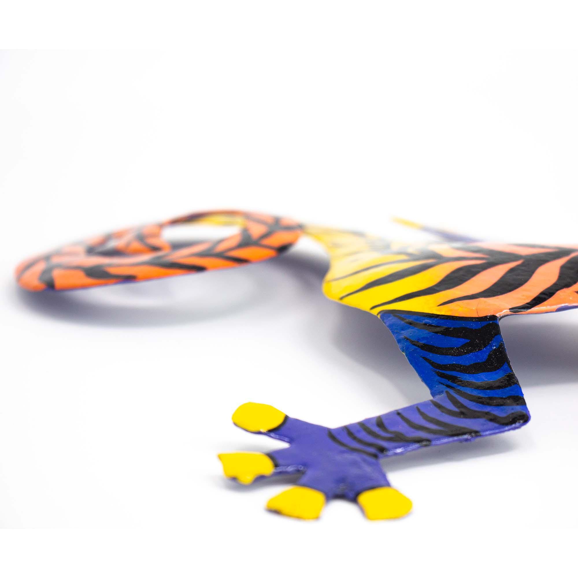 Colorful Gecko Haitian Steel Drum Wall Art, 13 inch Black Stipes - Caribbean Craft