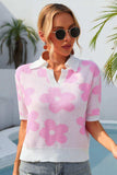 Floral Johnny Collar Half Sleeve Knit Top - Trendsi - Flyclothing LLC