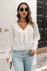 Ruffle Trim Button-Down Dropped Shoulder Sweater - Trendsi