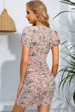 Floral Puff Sleeve Ruched Plunge Dress - Trendsi