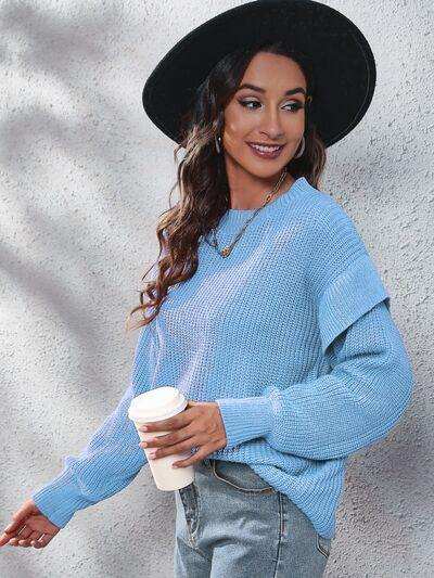Ruffled Round Neck Dropped Shoulder Sweater - Trendsi - Flyclothing LLC