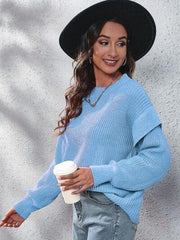 Ruffled Round Neck Dropped Shoulder Sweater - Trendsi