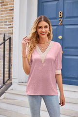 Printed Contrast V-Neck Tee - Trendsi - Flyclothing LLC