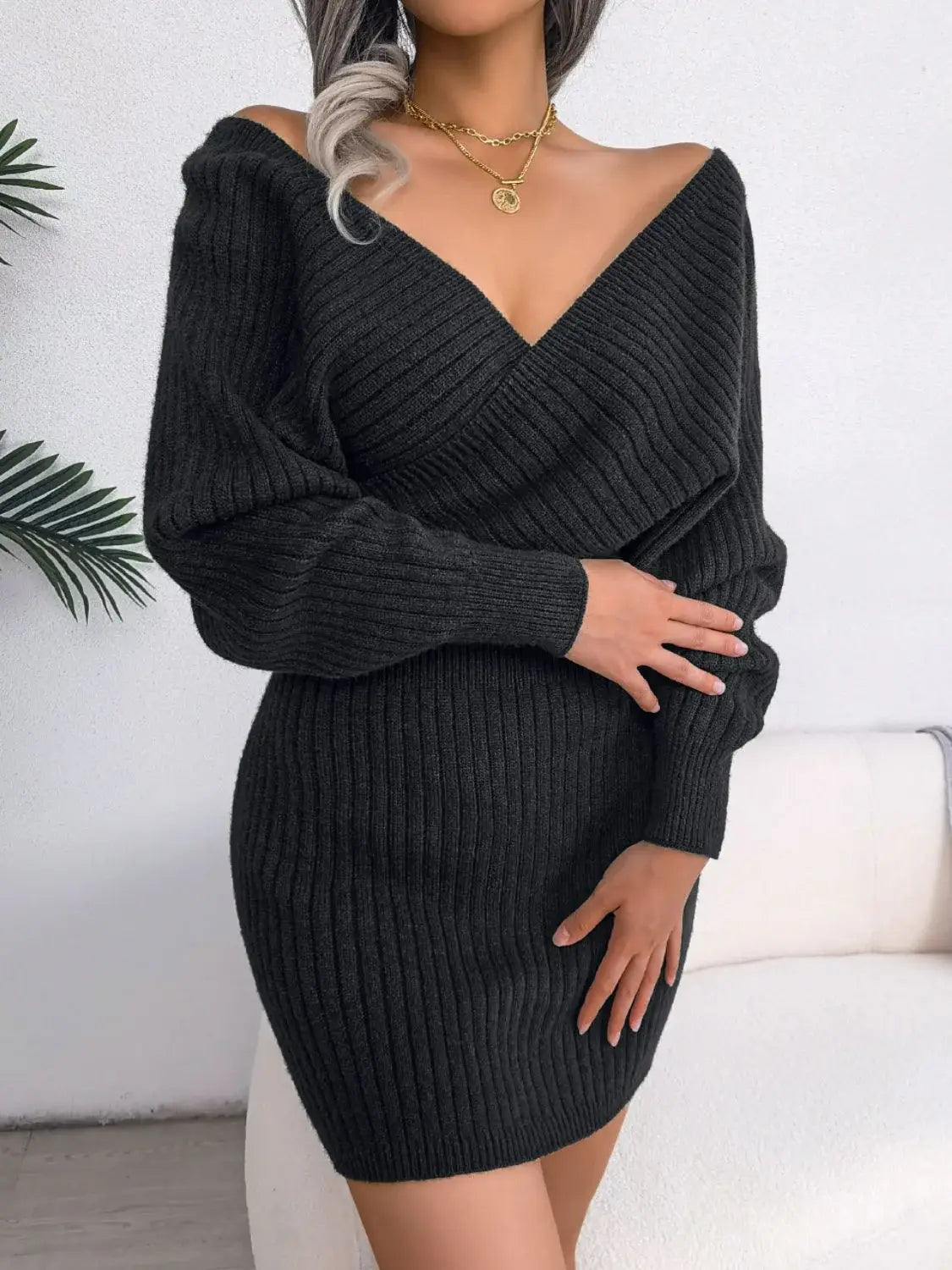 Rib-Knit Dolman Sleeve Sweater Dress - Trendsi - Flyclothing LLC