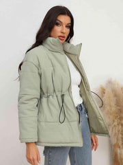 Drawstring Waist Zip-Up Puffer Jacket - Trendsi