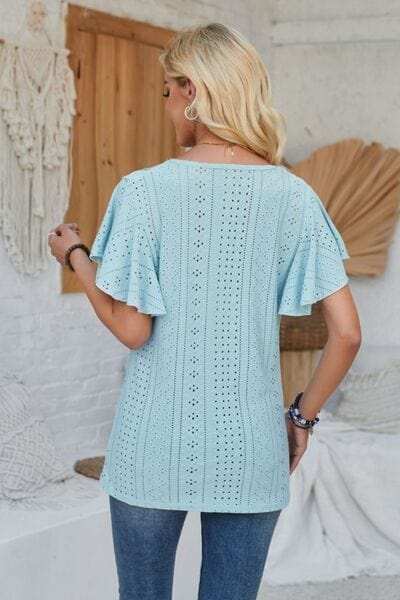 Eyelet Applique V-Neck Cap Sleeve T-Shirt - Trendsi - Flyclothing LLC