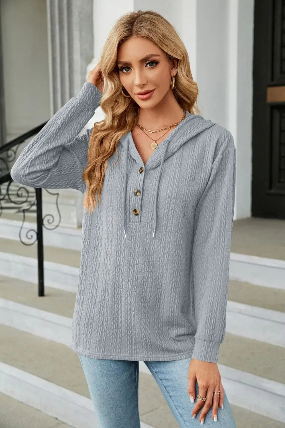 Cable-Knit Long Sleeve Hoodie - Trendsi - Flyclothing LLC