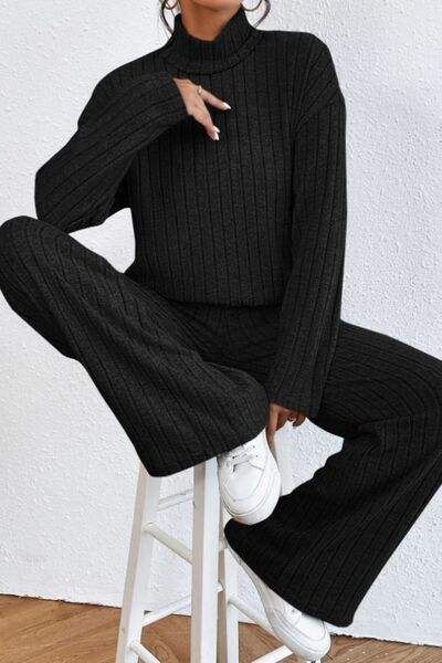 Mock Neck Dropped Shoulder Top and Pants Set - Trendsi - Flyclothing LLC