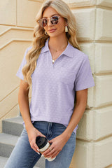 Pocketed Johnny Collar Short Sleeve Blouse - Trendsi - Flyclothing LLC