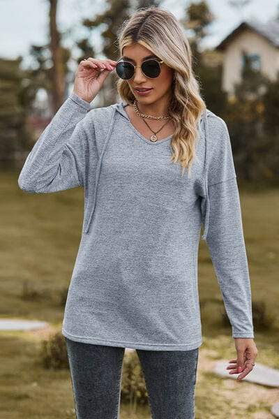 Drawstring Dropped Shoulder Hooded T-Shirt - Trendsi - Flyclothing LLC