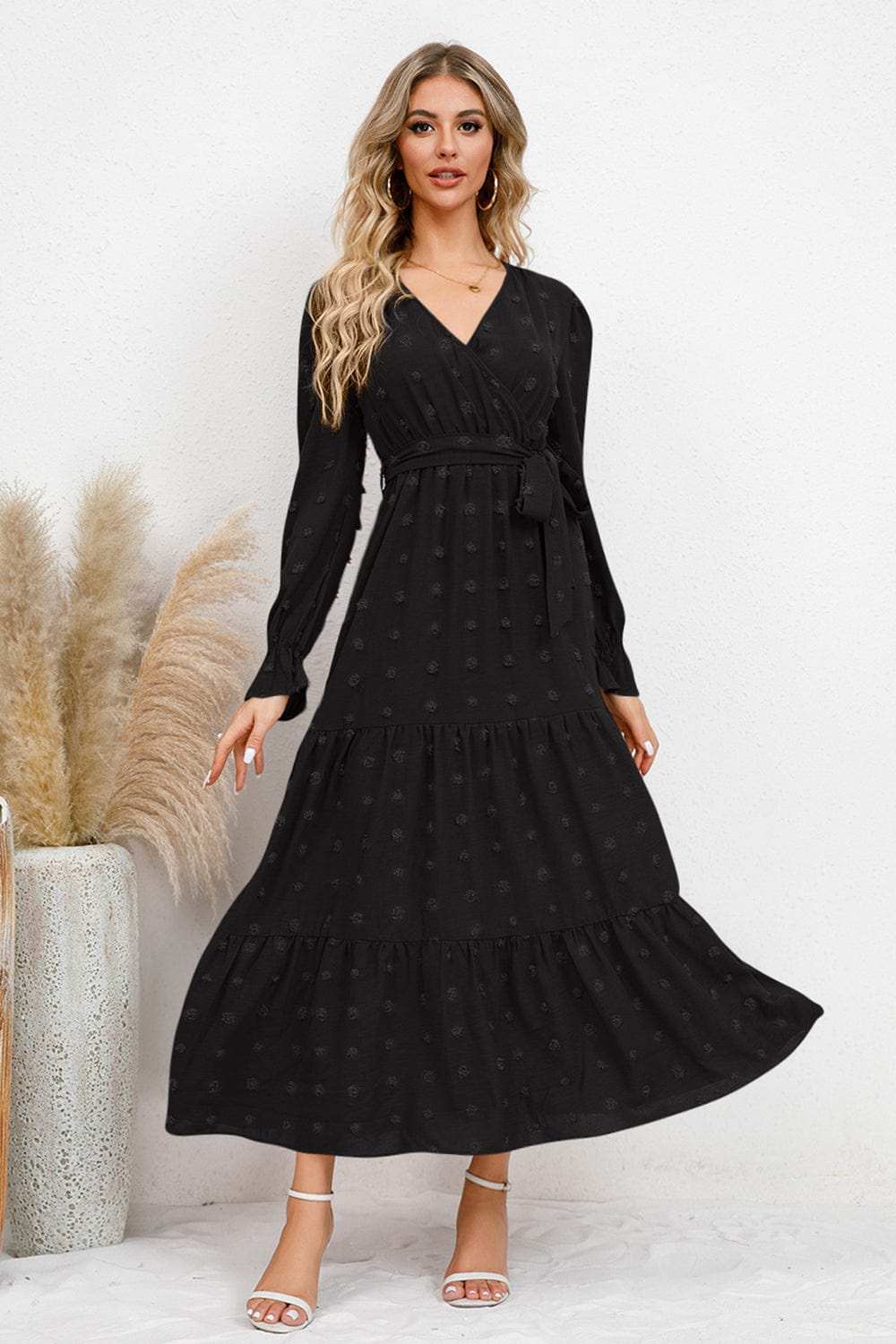 Swiss Dot Tied Surplice Flounce Sleeve Dress - Trendsi - Flyclothing LLC