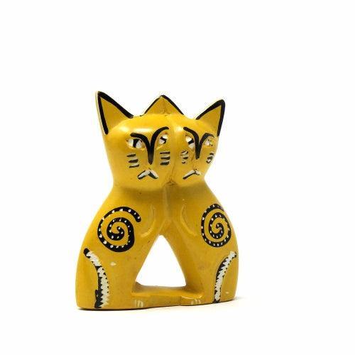 Handcrafted 4-inch Soapstone Love Cats Sculpture in Yellow - Smolart - Flyclothing LLC