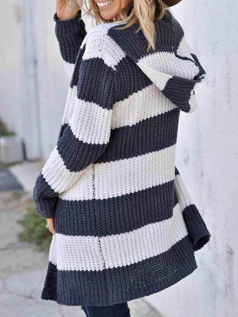 Striped Open Front Hooded Cardigan - Trendsi - Flyclothing LLC