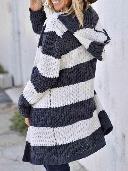 Striped Open Front Hooded Cardigan - Flyclothing LLC