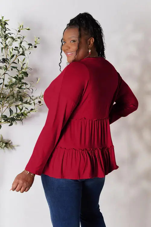 Double Take Half Button Long Sleeve Ruffle Hem Blouse - Trendsi - Flyclothing LLC