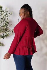 Double Take Half Button Long Sleeve Ruffle Hem Blouse - Trendsi - Flyclothing LLC