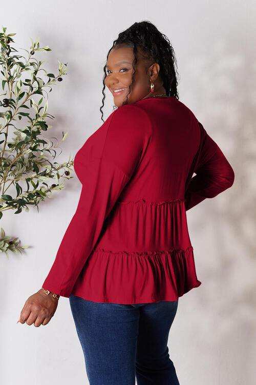 Double Take Half Button Long Sleeve Ruffle Hem Blouse - Trendsi - Flyclothing LLC