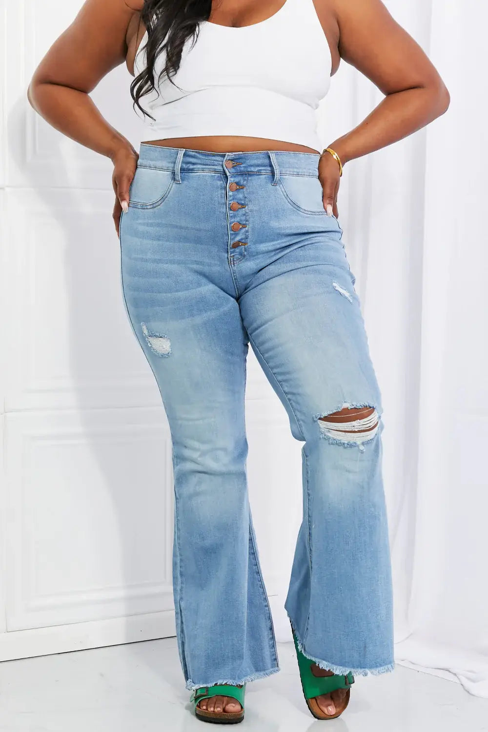 Vibrant MIU Full Size Jess Button Flare Jeans - Trendsi - Flyclothing LLC