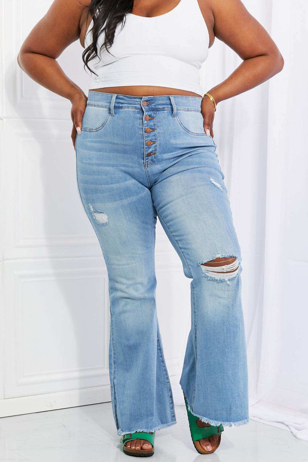 Vibrant MIU Full Size Jess Button Flare Jeans - Trendsi - Flyclothing LLC