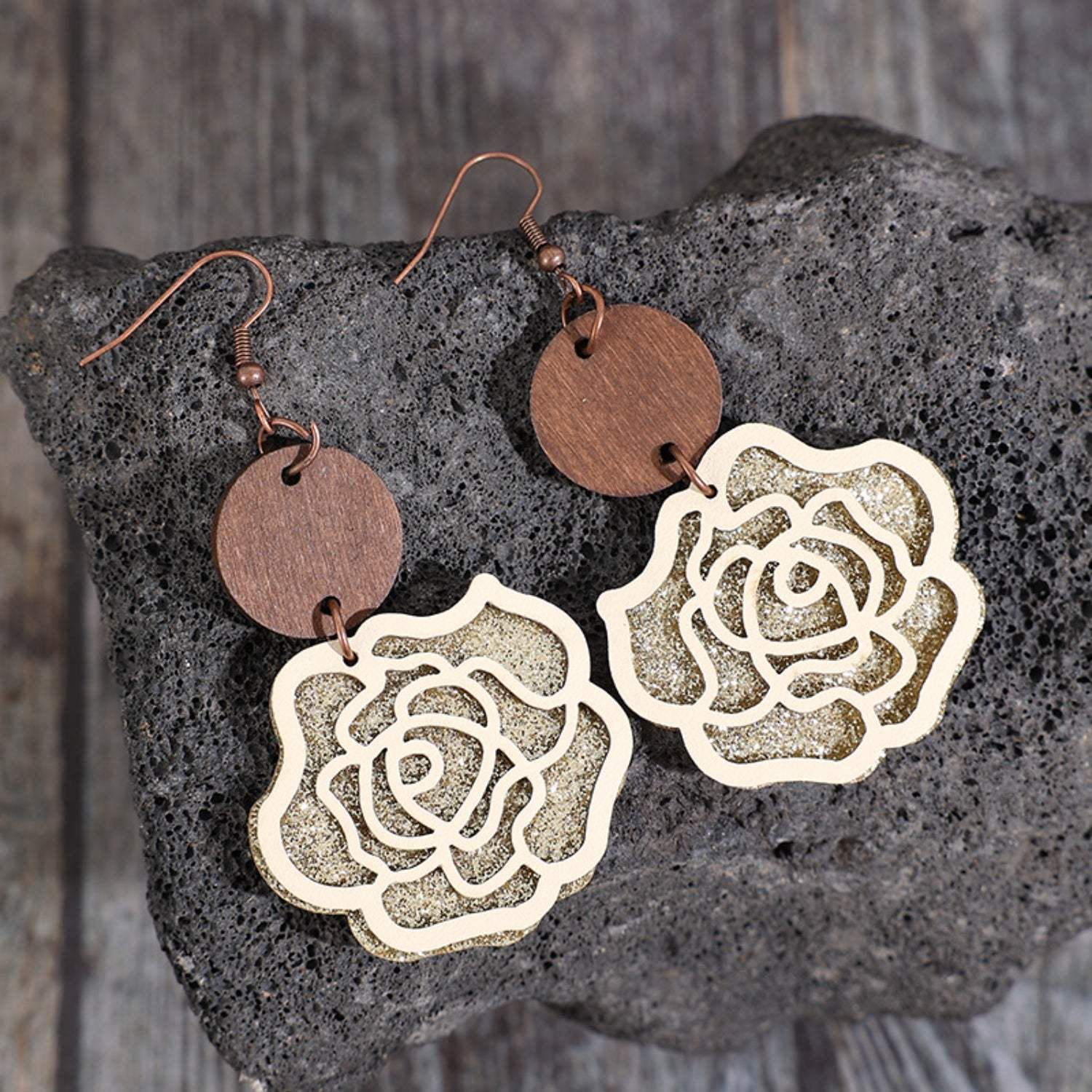 Wooden Alloy Rose Shape Dangle Earrings - Trendsi - Flyclothing LLC