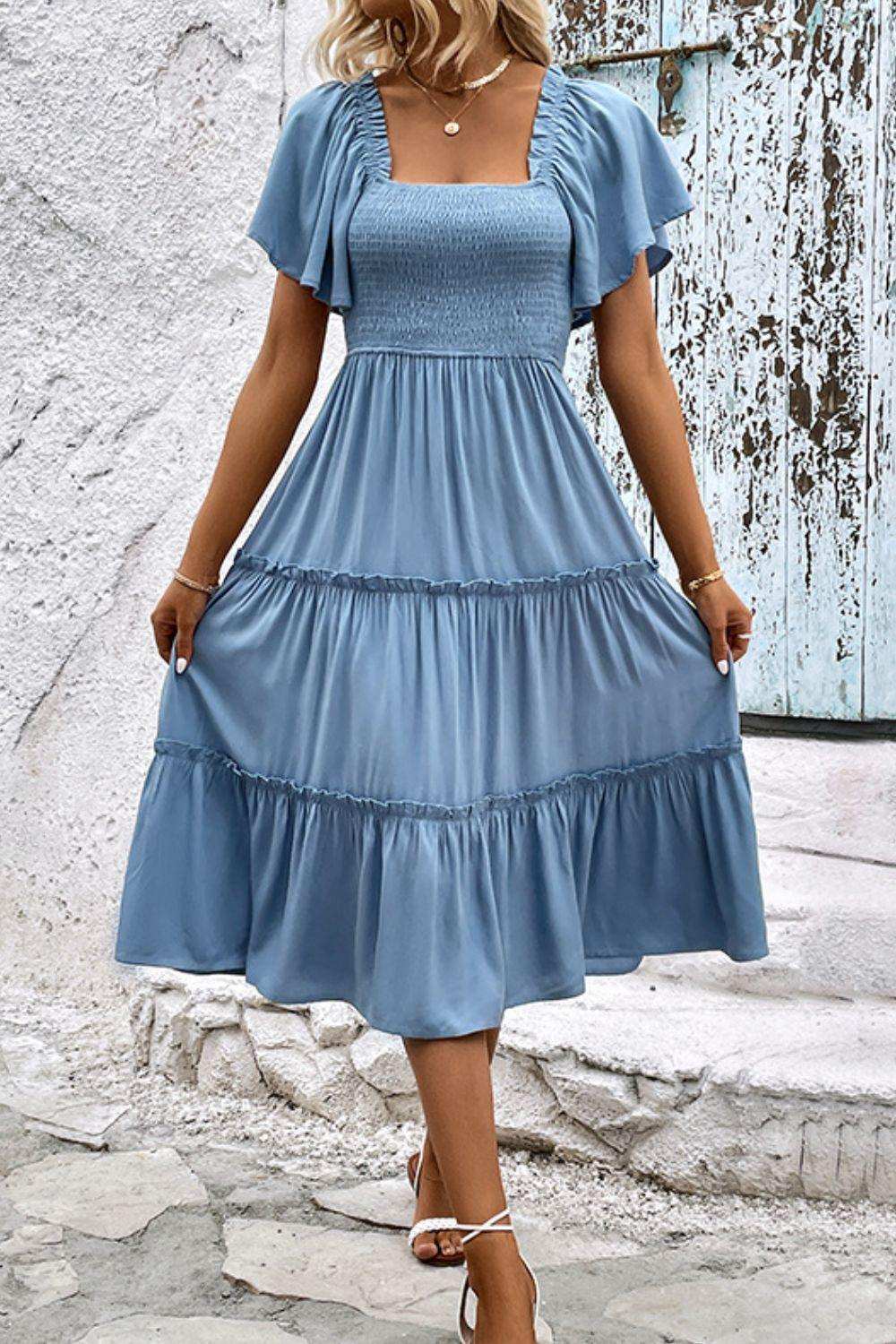 Smocked Square Neck Frill Trim Dress - Trendsi - Flyclothing LLC