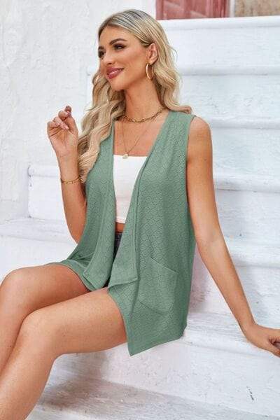 Eyelet Open Front Sleeveless Cardigan - Trendsi - Flyclothing LLC